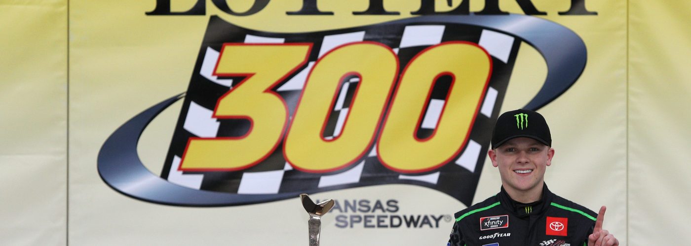KANSAS CITY, KANSAS - OCTOBER 23:  Ty Gibbs, driver of the #54 Monster Energy Toyota, celebrates in victory lane after winning the NASCAR Xfinity Series Kansas Lottery 300 at Kansas Speedway on October 23, 2021 in Kansas City, Kansas. (Photo by Sean Gardner/Getty Images) | Getty Images