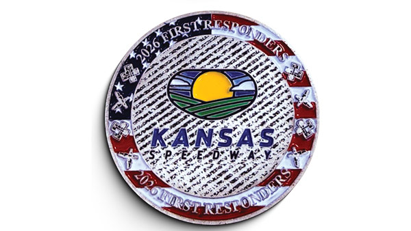 Round Kansas Speedway 2026 First Responders challenge coin with patriotic border, first responder symbols, and Kansas Speedway logo in the center