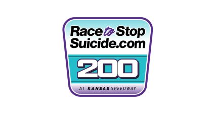 Race to Stop Suicide 200 at Kansas Speedway event logo featuring a teal, white, and purple shield design with "Race to Stop Suicide.com" above a large "200" and "at Kansas Speedway" below.