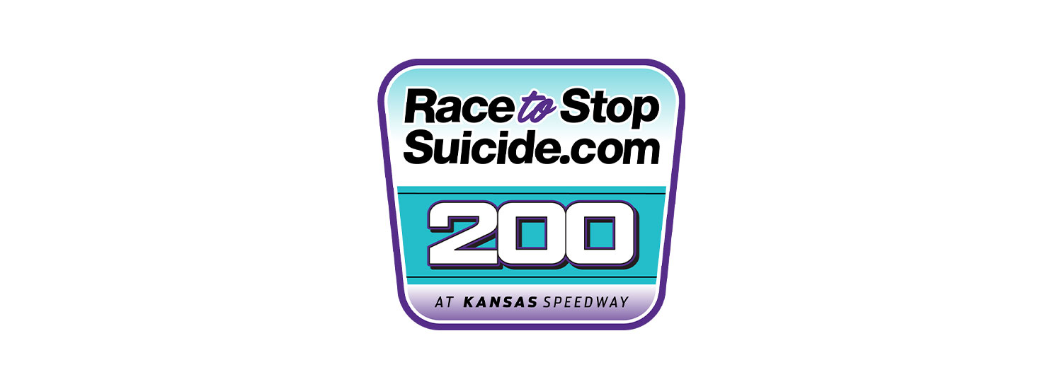 Race to Stop Suicide 200 at Kansas Speedway event logo featuring a teal, white, and purple shield design with "Race to Stop Suicide.com" above a large "200" and "at Kansas Speedway" below.
