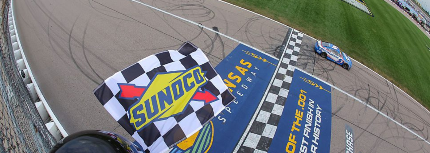 Kyle Larson crosses the start/finish line at Kansas.